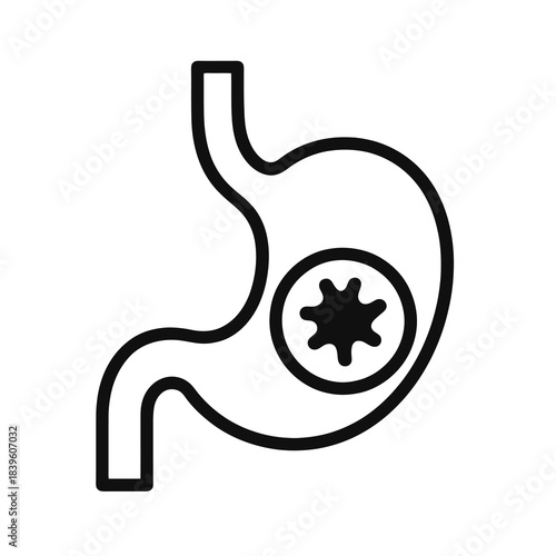 Thin-outline stomach icon with a tumor highlight, ideal for gastric cancer awareness, medical education, diagnostic platforms, and oncology communication materials.