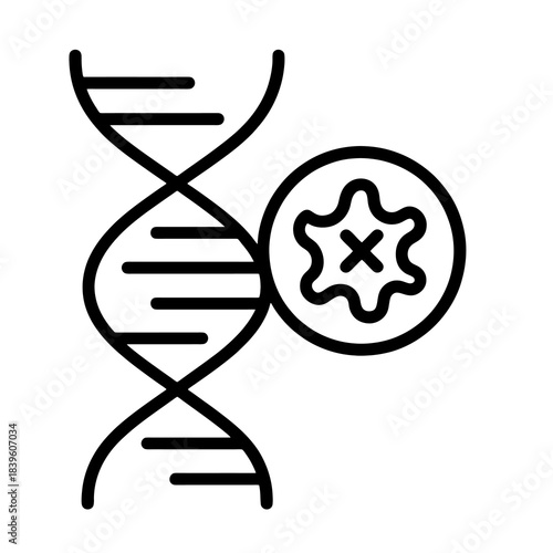 Thin-outline DNA strand icon with a mutation marker, ideal for oncology genetics, medical research apps, cancer risk communication, and scientific visualization.