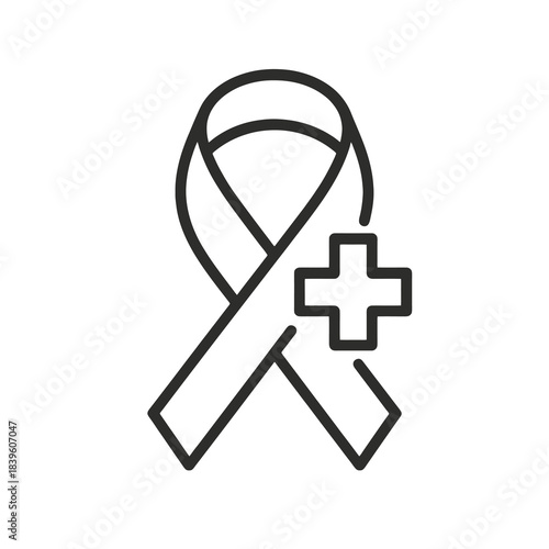 Thin-outline cancer awareness ribbon icon with a medical cross, ideal for oncology education, health apps, prevention campaigns, and medical communication.