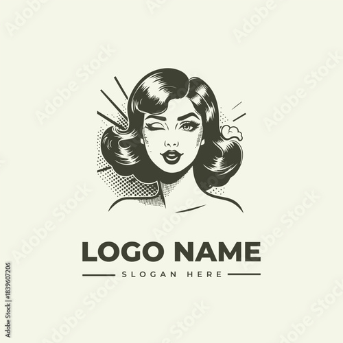 This vector illustration, designed in a retro engraving style, features a charming winking woman, perfect for a unique logo. This illustration is a great choice for any brand seeking a vintage feel.