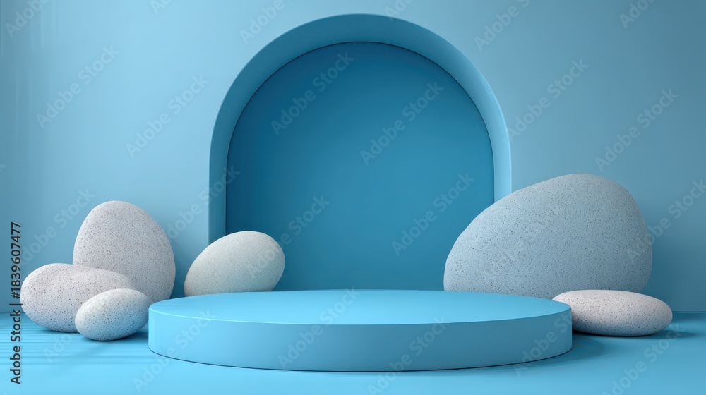 Fototapeta premium Serene Light Blue Backdrop with Round Stones and Podium for Elegance in Presentations