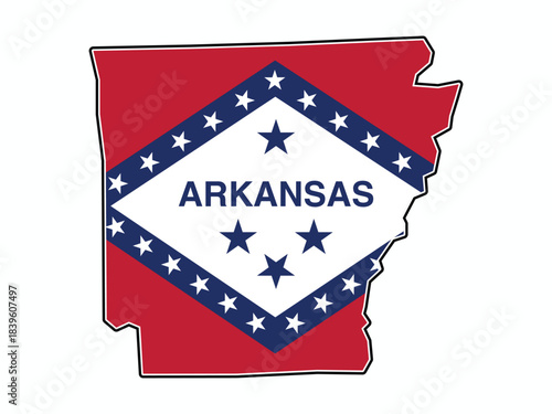  Map of State of Arkansas with Flag in Body Isolated on White Background