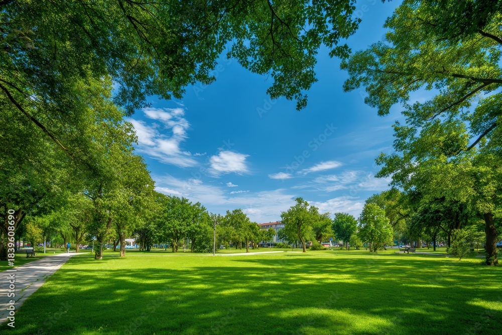 Fototapeta premium Tranquil Park Landscape with Lush Greenery and Open Sky