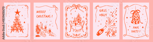 Set of Merry Christmas and Happy New Year coquettish girly posters, bow ribbon frames bachelorette party invitations. Whimsical crayon doodle drawing. Christmas romantic dinner table. Cocktail pyramid