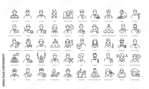 Professions and Occupations Thin Line Vector Icons Set