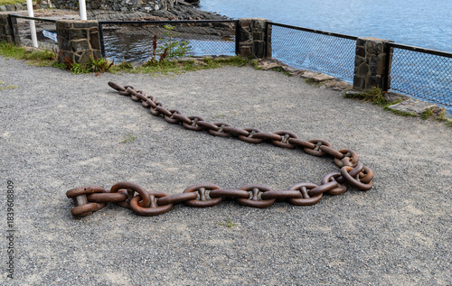 Oslo, Norway-August 11, 2025: Heavy Rusted Anchor Chain Displayed Outdoors
