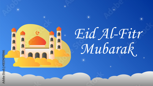 Eid Mubarak greeting template with Mosque, Star and copy space. Happy Eid Mubarak editable greetings template for Eid al-Fitr and Eid al-Adha banners, advertisements and more.