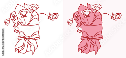 Modern graphic set featuring delicate spring flower bouquet in outline and flat color vector illustration. Perfect for logos, invitations, and design resources. 