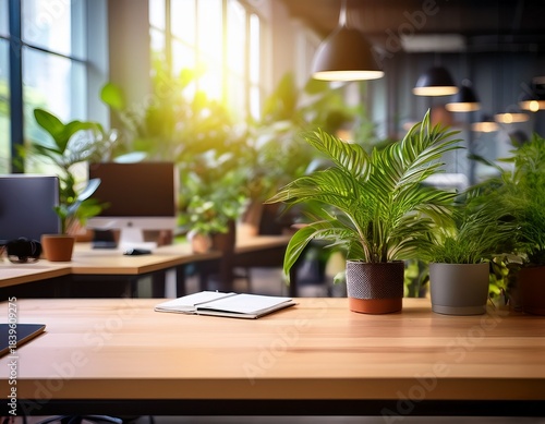 blurred view of a modern plant filled workspace