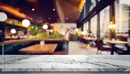 blurry urban cafe interior marble table