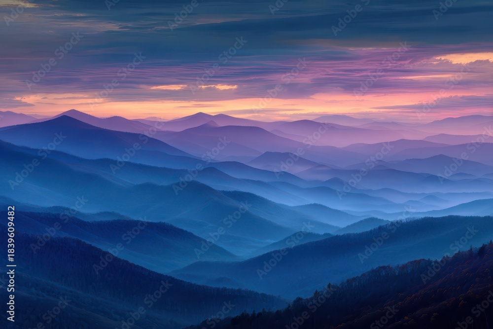 Fototapeta premium Majestic Blue Mountains Under a Vast Blue Sky at Sunrise with Gentle Morning Fog