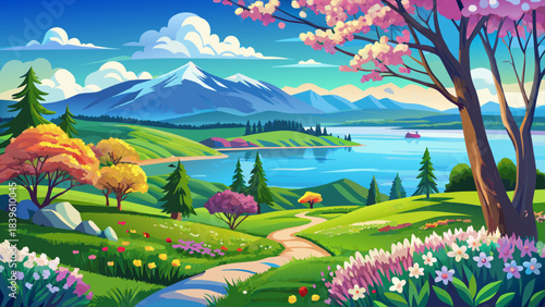 Very beautiful spring landscape overlooking Lake Champlain with fresh greenery, calm blue water, and distant Adirondack peaks under bright, clear skies, capturing the renewal and brightness of the sea