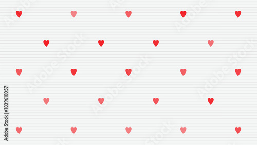 vector pattern with red hearts and horizontal stripes on a white background for Valentines Day greeting card design.