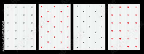Four vector patterns with simple heart shapes on a striped background, in various shades of red and gray, for Valentines Day design and wrapping paper.