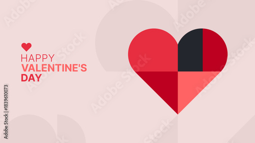 Happy Valentines Day greeting with geometric heart icon on a light pink background. Love and romance poster design for holiday celebration.