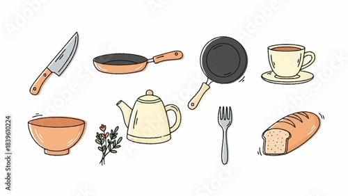 A collection of kitchenware and food items including a knife, frying pan, bowl, teapot, bread, and a cup of tea