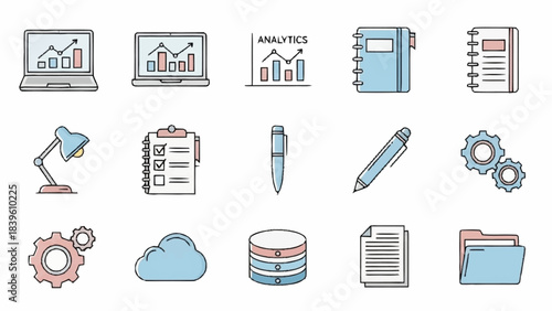 Set of modern flat line business icons for data analytics, office productivity, technology, and cloud computing. Perfect vector illustrations for web and app design projects