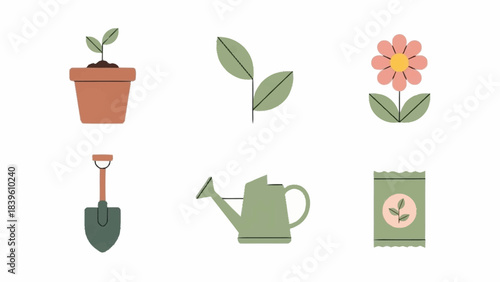 Collection of Gardening Icons Potted Plant, Flower, Sprout, Shovel, Watering Can, and Seed Packet