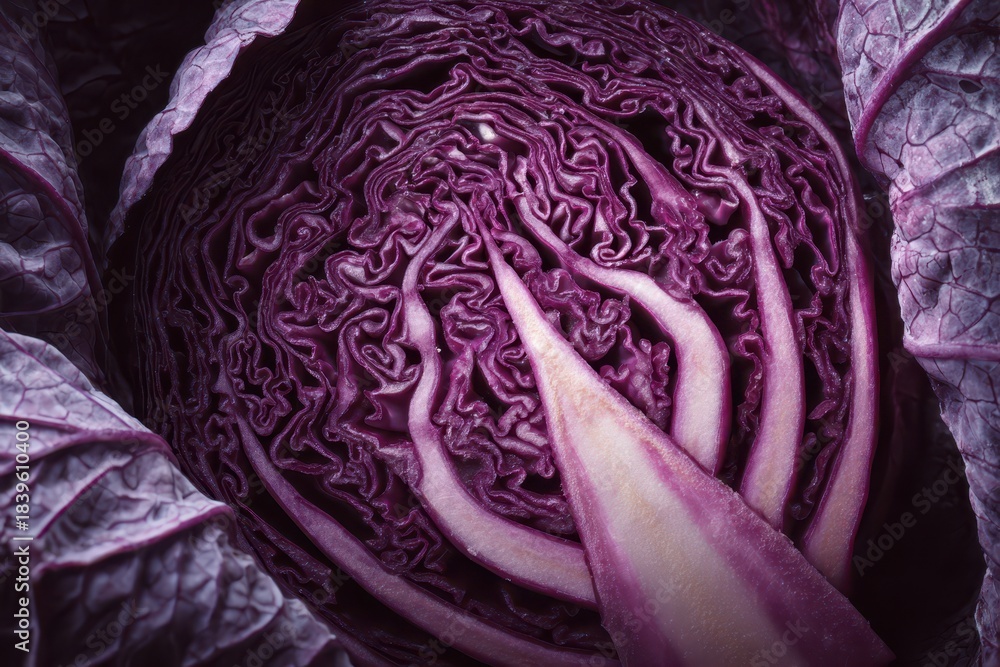 Obraz premium Moody Macro Shot of Fresh Half Red Cabbage Revealing Intricate Textured Layers - A Healthy Organic Ingredient from the Farmers Market