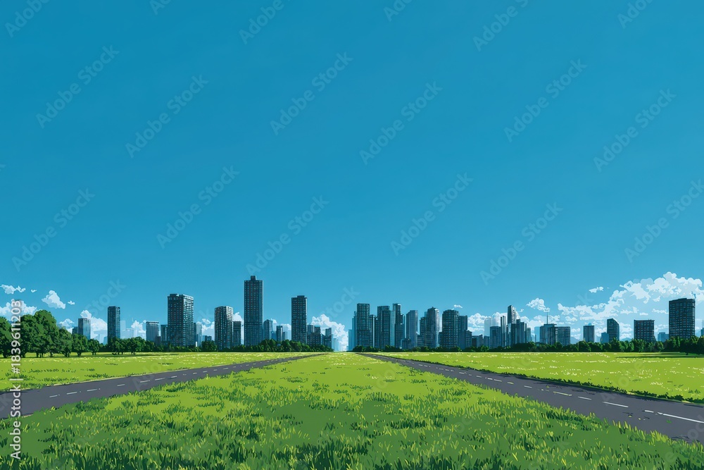 Fototapeta premium Urban Oasis: Scenic Skyline Overlooking a Verdant Lawn with Clear Blue Skies