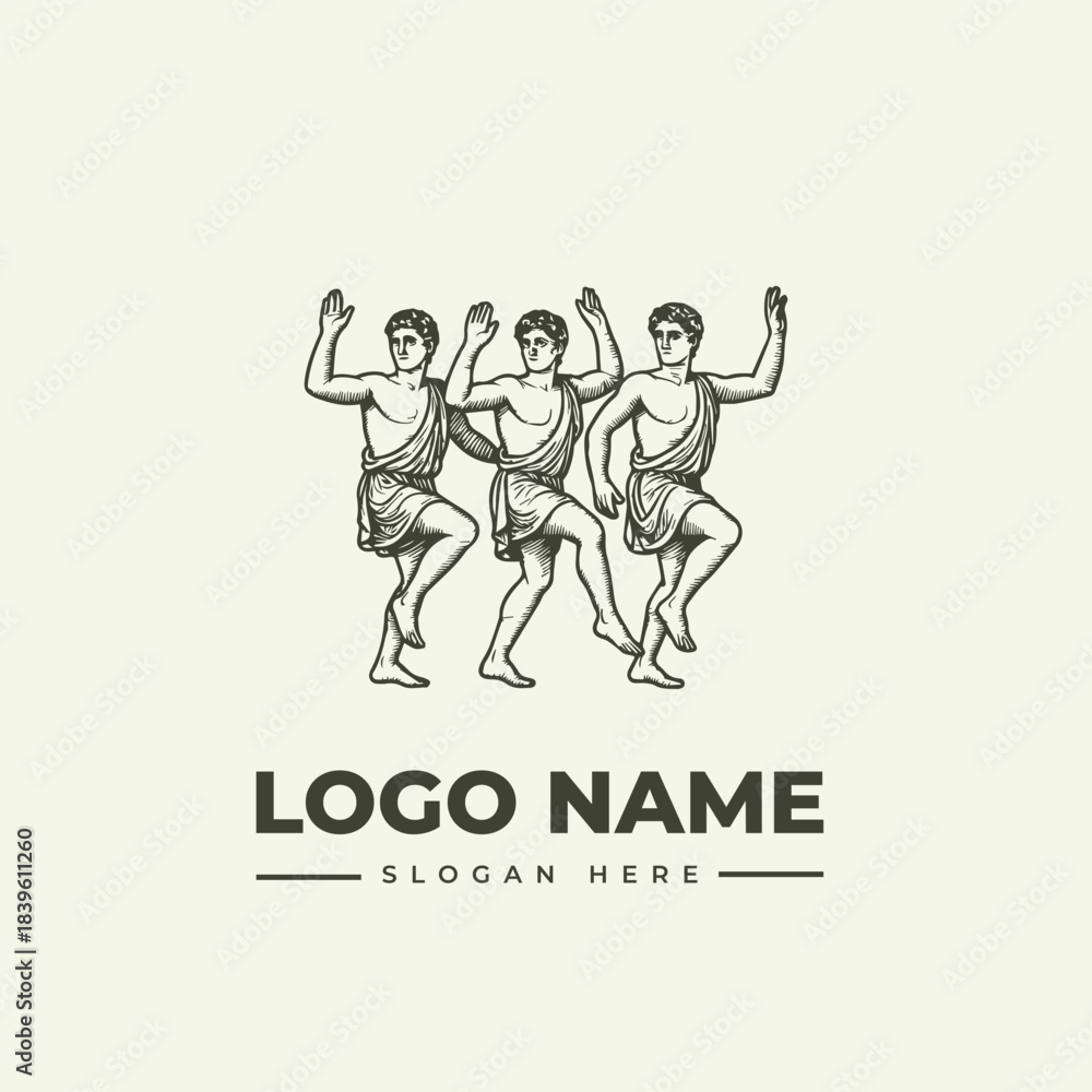 Naklejka premium Ancient Dancing Figures Vector Logo Illustration: A Vintage Engraving Style