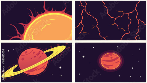 Vector illustration pixel art space collage sun, lightning, ringed planet, and starry sky