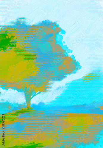Illuminated Whimsical Tree on a Hillside Landscape w/ Cloud in the Sky above-Digital Painting, Illustration, Art, Artwork in Aqua, Blue & Neon Yellow Highlights