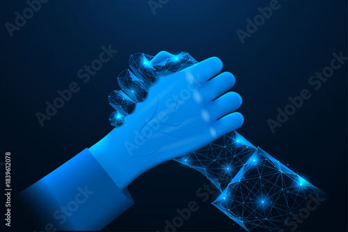The confrontation between humans and artificial intelligence. The human hand holds the digital hand tightly. The concept of dealing with an algorithmic system. Polygonal design, blue background.