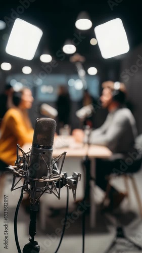 Contemporary podcast studio setup with professional lighting and audio equipment. Two individuals engage in a discussion, emphasizing creativity and digital content creation