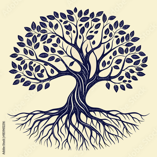 Vector illustration detailed illustration of a flourishing tree with extensive roots, rendered in dark blue against a pale yellow background