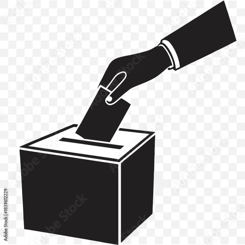 Vector illustration black and white silhouette icon of a hand casting a ballot into a transparent or checkered background voting box, symbolizing election, democracy, and voting process