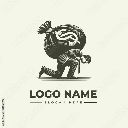 Illustration of Businessman Carrying Heavy Money Bag Logo, Vector Engraving Design, Financial Burden Concept from Side View