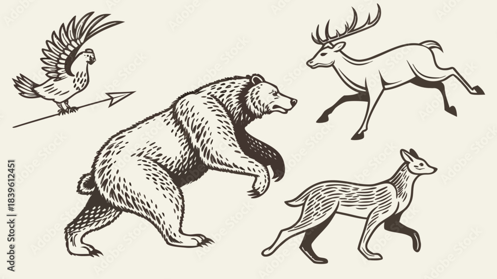 Obraz premium Vector illustration vintage engraving style illustration of various wild animals bear, deer, bird with arrow, and canine figure