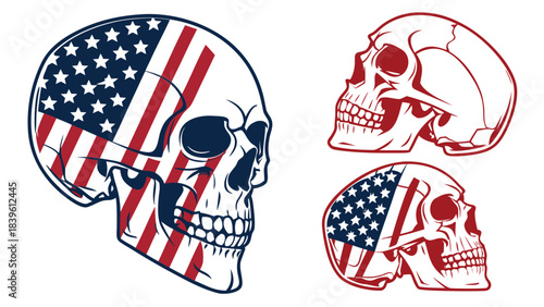 Vector illustration set of three skull illustrations with american flag pattern