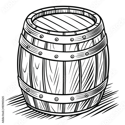Vector illustration black and white illustration of a wooden barrel with metal hoops