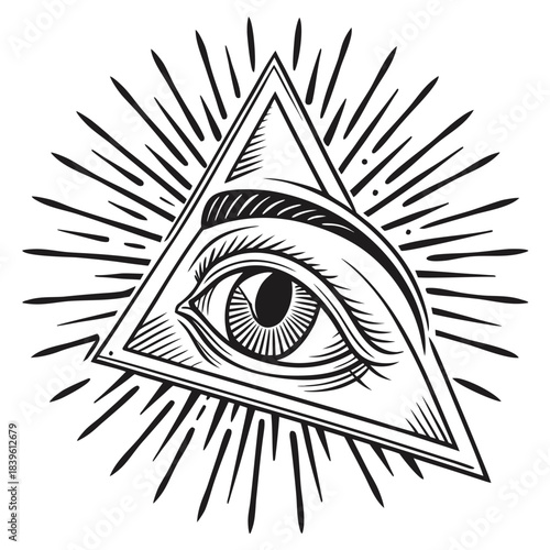Vector illustration allseeing eye within a triangle with rays of light, occult symbolism