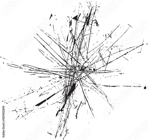 Broken glass scratches element. Shattered glass effect for template presentation, banner . Distressed fissures shapes . Impact and smashed texture . Vector explosion with scratches .
