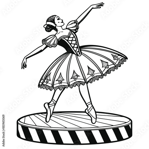 Vector illustration black and white line art illustration of a ballerina performing a ballet pose on a circular striped stage