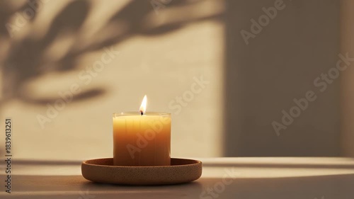 Flickering candle in sunlit room with moving shadows creating a calm ambiance