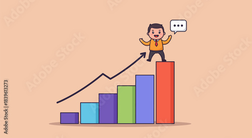 Successful businessman celebrating achievement on rising financial graph.