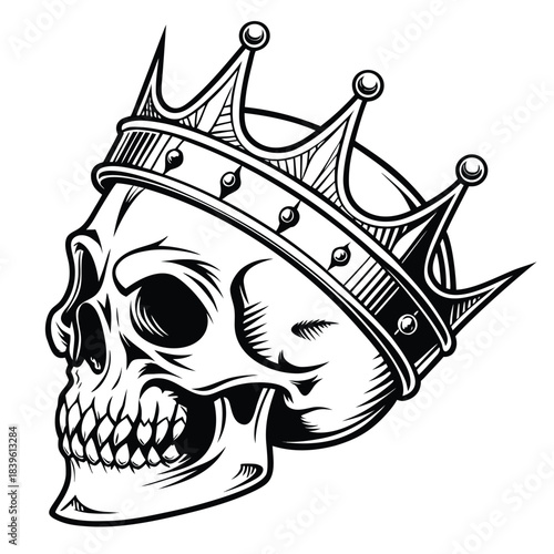 Vector illustration black and white illustration of a skull wearing a royal crown