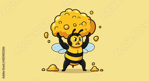 Strong bee carrying a large honeycomb with determination and effort.