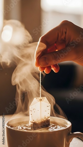Making a cup of tea with teabag and hot water for relaxation and wellness in the morning routine