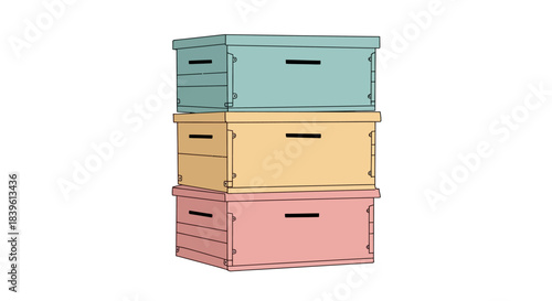 Three colorful storage boxes stacked on top of each other in a neat arrangement.