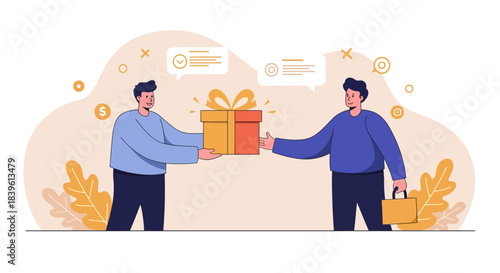 Two Men Exchanging a Gift Box, Sharing and Giving Concept.