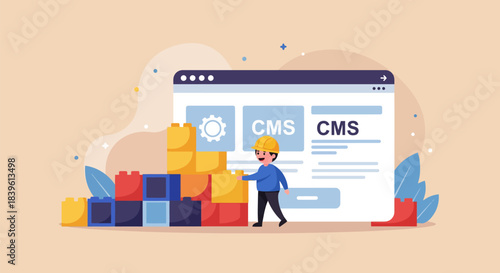 Website development concept with CMS and construction worker.
