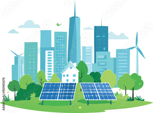 Sustainable energy concept illustration with solar panels and wind turbines in green city.