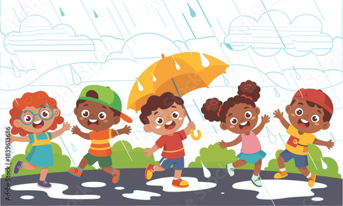 Cartoon children playing in rain illustration, puddles, umbrella, wet pavement, joyful moment, nature, weather, vector graphic, fun, outdoor activity