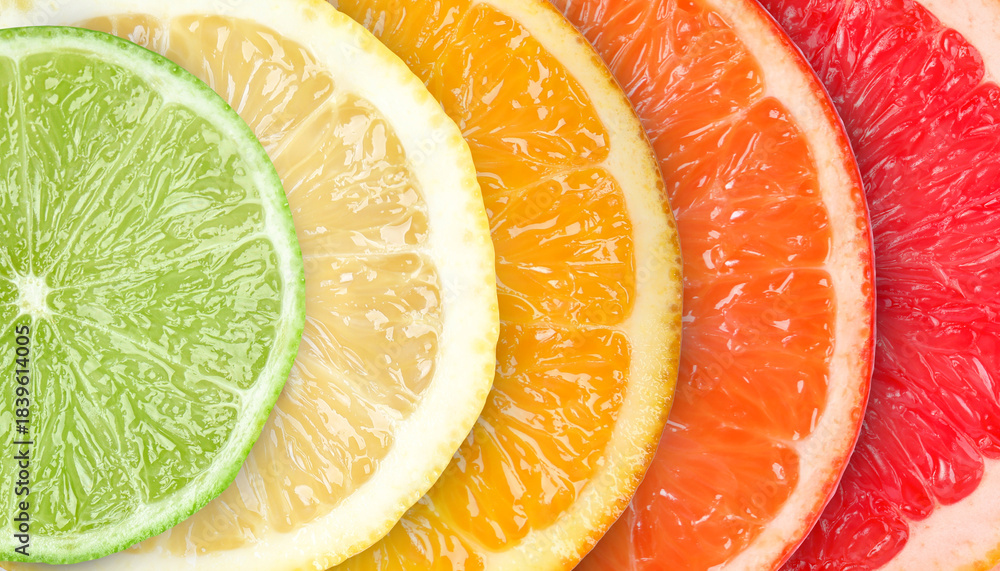 Naklejka premium Citrus fruits as background. Slices of orange, tangerine, lime, lemon and grapefruit, top view