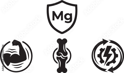 Magnesium Supplement Benefits Icons: Boost Muscle Health, Bone Strength, and Energy, Magnesium vector Icons 